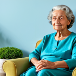 An elderly woman, peacefully seated in a serene living room bathed in soft natural light, featuring calming shades of blue and green. She wears a modest, comfortable long-sleeved top and trousers, fully clothed, appropriate attire, professional dress. There's a comfortable armchair with a blue throw blanket, a small table with a vase of green foliage, and a subtle blue wall accent. The overall atmosphere is tranquil and inviting. Perfect anatomy, correct proportions, natural pose, well-formed hands, proper finger count, natural body proportions. Professional photography, high quality, realistic. Safe for work, appropriate content, family-friendly, modest.