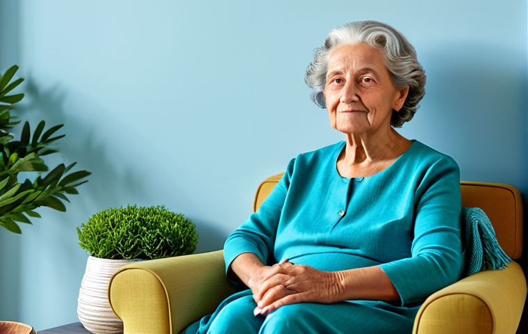An elderly woman, peacefully seated in a serene living room bathed in soft natural light, featuring calming shades of blue and green. She wears a modest, comfortable long-sleeved top and trousers, fully clothed, appropriate attire, professional dress. There's a comfortable armchair with a blue throw blanket, a small table with a vase of green foliage, and a subtle blue wall accent. The overall atmosphere is tranquil and inviting. Perfect anatomy, correct proportions, natural pose, well-formed hands, proper finger count, natural body proportions. Professional photography, high quality, realistic. Safe for work, appropriate content, family-friendly, modest.