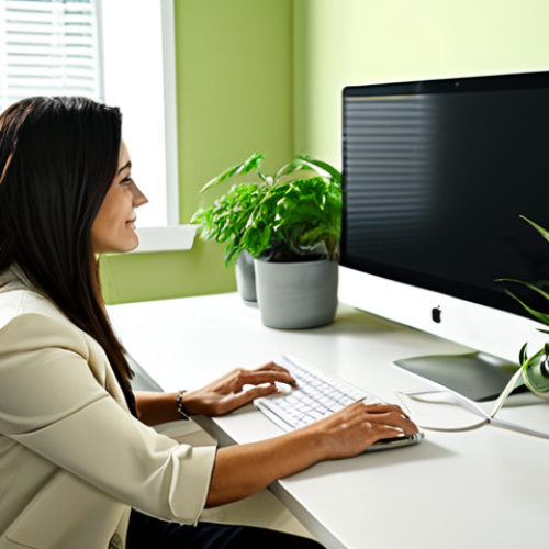 Relaxing Workspace**

"A bright, modern office space with light green walls and beige accents. A professional woman, fully clothed in a modest business casual outfit, is working at a clean desk. Green plants are placed around the room. Warm, soft lighting enhances the calming atmosphere. Perfect anatomy, correct proportions, natural pose, well-formed hands, proper finger count, safe for work, appropriate content, fully clothed, professional, family-friendly, high quality."

**