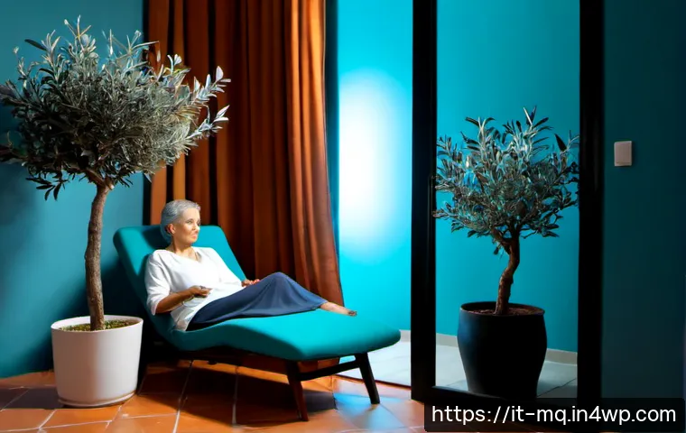 Home 10 컬러테라피의 다양한 응용 사례 - Photorealistic Italian wellness studio showing color therapy for relaxation, a middle-aged woman sea...