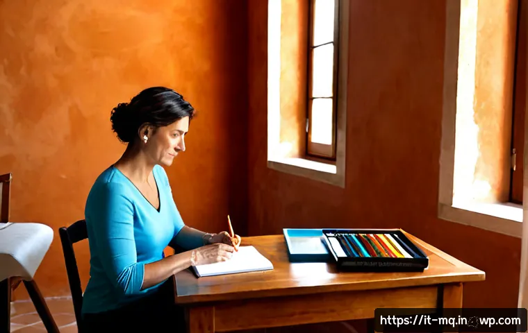 컬러테라피와 자아 탐색의 기법 - Photorealistic Italian woman in her early 40s practicing color therapy and self-reflection at a sunl...